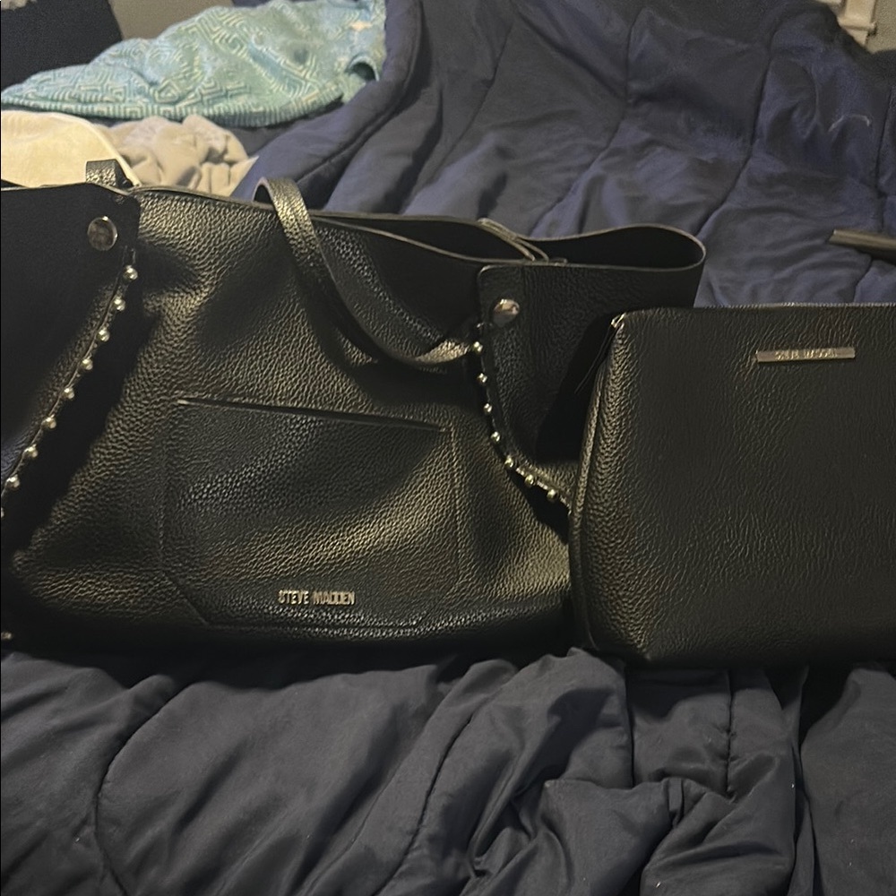 Steve Madden Black Tote and Clutch Set with Stud Accents